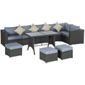 10-Piece Outdoor Rattan Patio Dining Sofa Set – 9-Seater Garden Furniture with Cushions and Glass Table