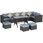 10-Piece Outdoor Rattan Patio Dining Sofa Set – 9-Seater Garden Furniture with Cushions and Glass Table