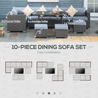 10-Piece Outdoor Rattan Patio Dining Sofa Set – 9-Seater Garden Furniture with Cushions and Glass Table