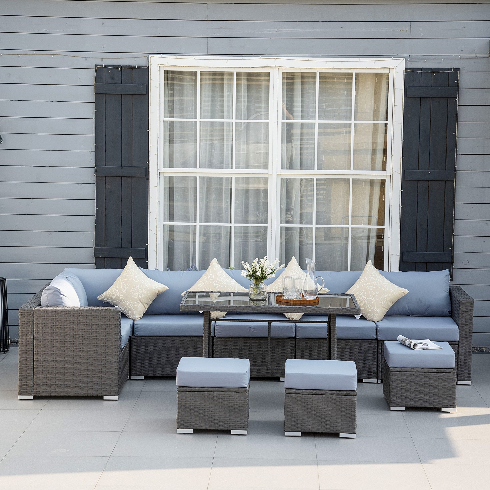 10-Piece Outdoor Rattan Patio Dining Sofa Set – 9-Seater Garden Furniture with Cushions and Glass Table