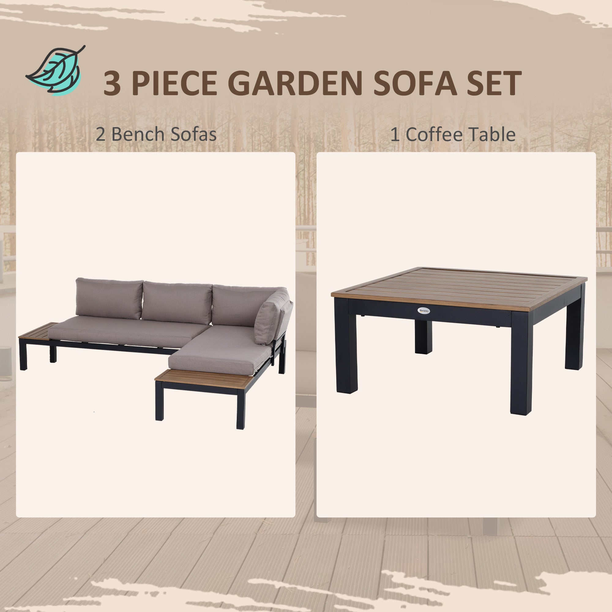 3-Piece Outdoor Aluminum Sofa Set – 4-Seater Garden Furniture with Cushions and Coffee Table
