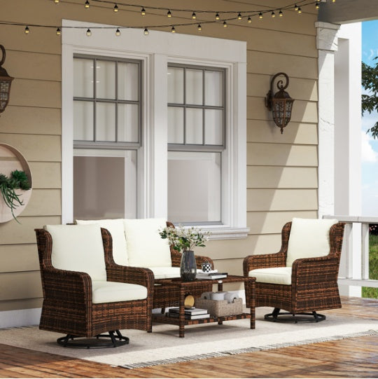 4-Piece Outdoor Patio Furniture Set – Wicker Loveseat, Swivel Chairs and Glass Coffee Table