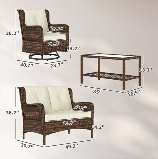 4-Piece Outdoor Patio Furniture Set – Wicker Loveseat, Swivel Chairs and Glass Coffee Table