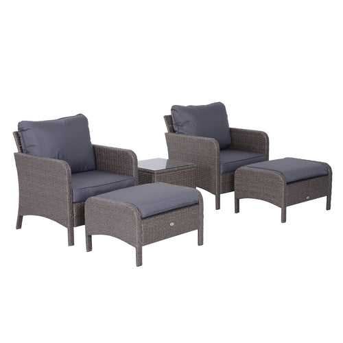 5-Piece Outdoor Rattan Furniture Set – 2-Seater Patio Chairs with Footstools and Glass Table
