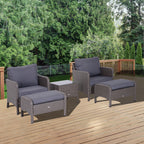 5-Piece Outdoor Rattan Furniture Set – 2-Seater Patio Chairs with Footstools and Glass Table