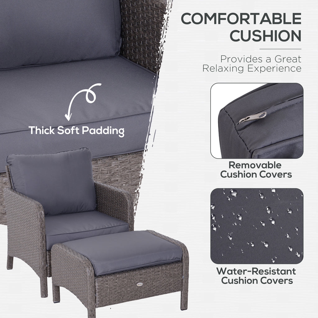 5-Piece Outdoor Rattan Furniture Set – 2-Seater Patio Chairs with Footstools and Glass Table