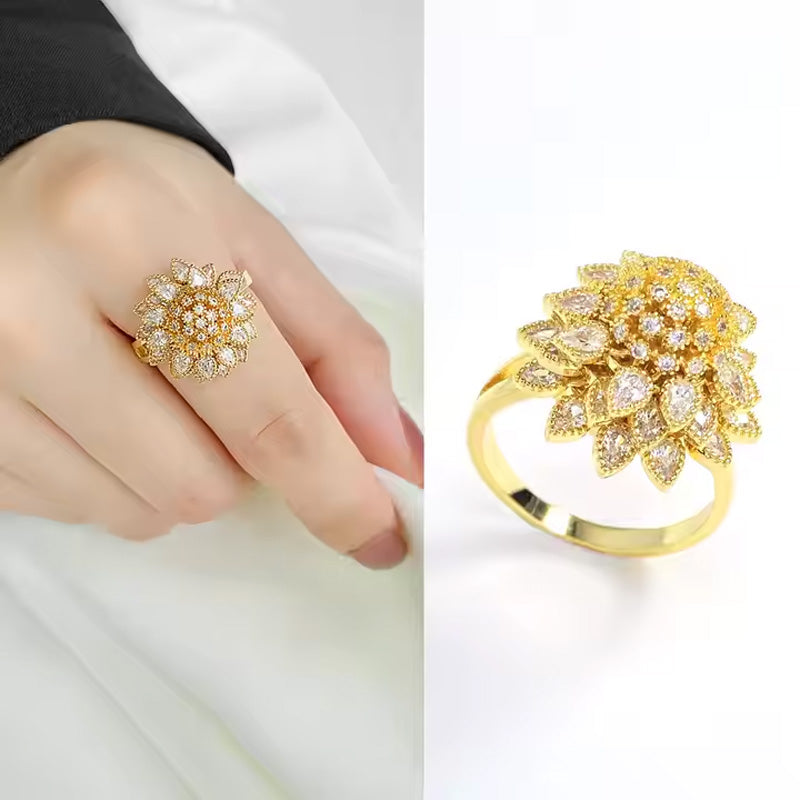 Adjustable Floral Open Ring for Women – Gold-Tone Cubic Zirconia Leaf Design Jewelry