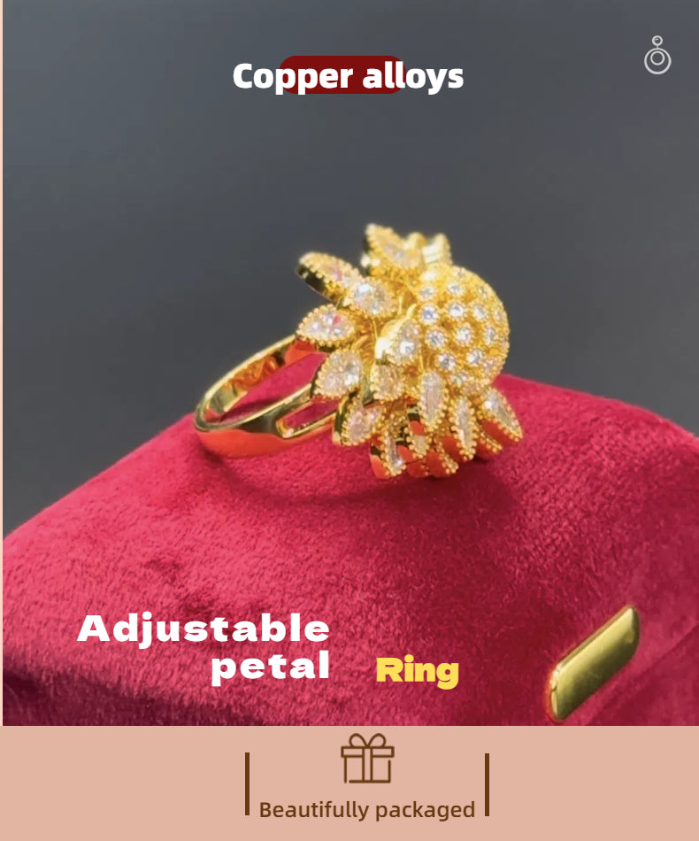 Adjustable Floral Open Ring for Women – Gold-Tone Cubic Zirconia Leaf Design Jewelry