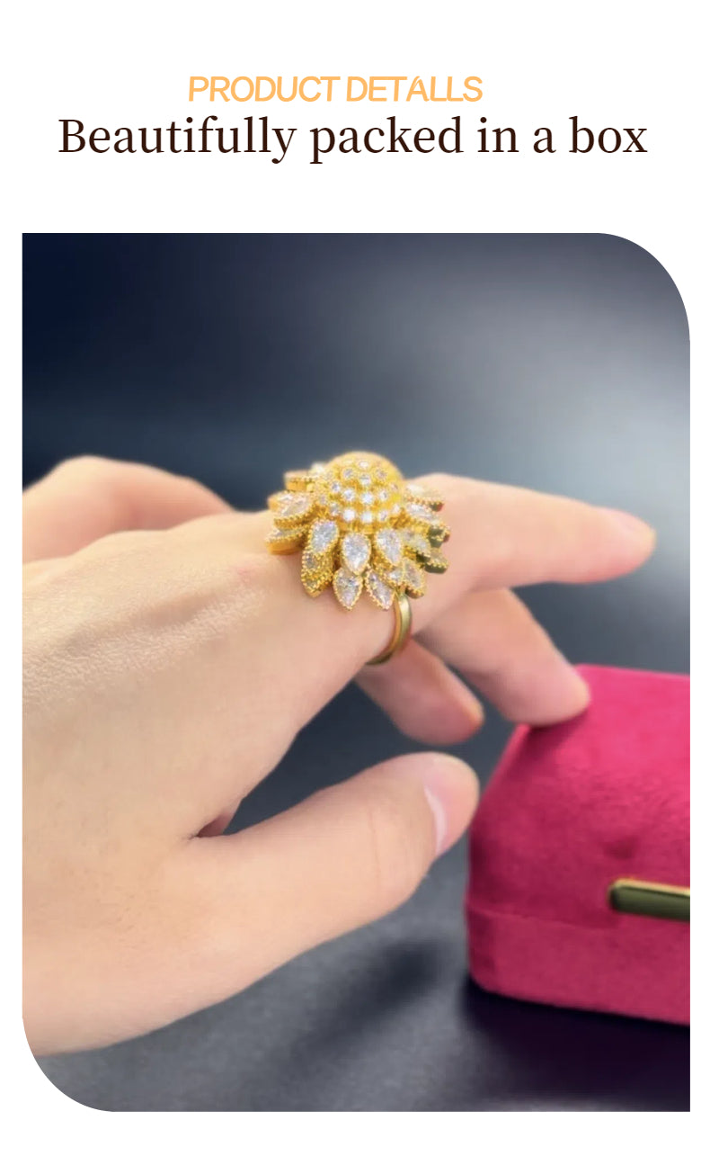 Adjustable Floral Open Ring for Women – Gold-Tone Cubic Zirconia Leaf Design Jewelry