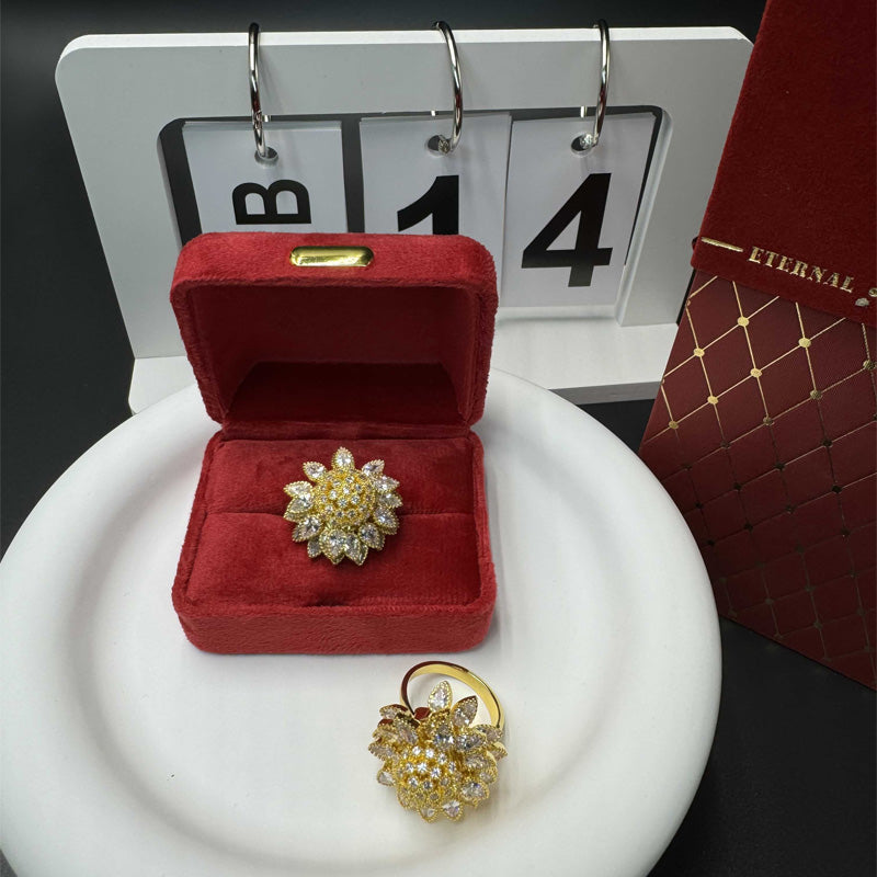 Adjustable Floral Open Ring for Women – Gold-Tone Cubic Zirconia Leaf Design Jewelry