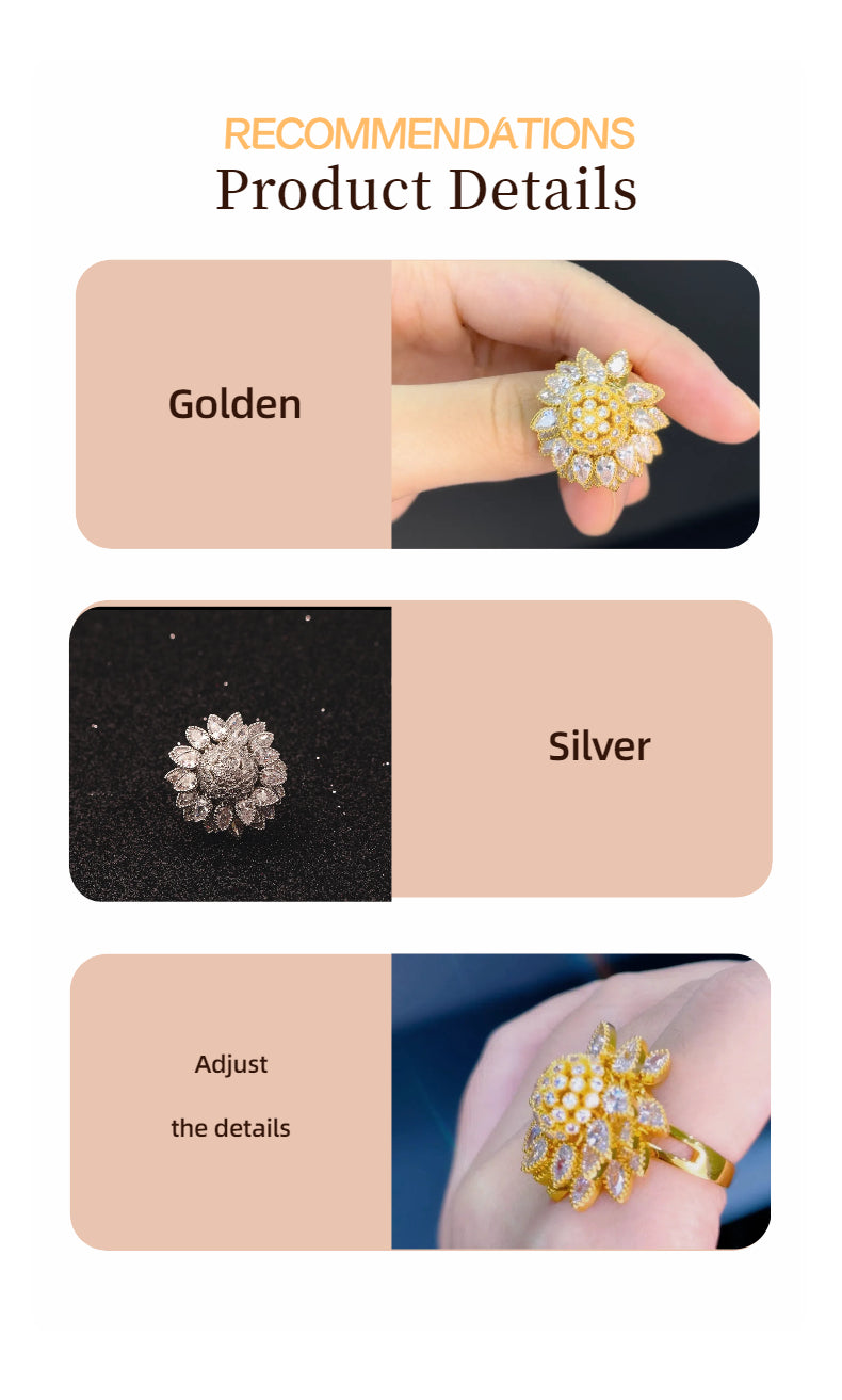 Adjustable Floral Open Ring for Women – Gold-Tone Cubic Zirconia Leaf Design Jewelry