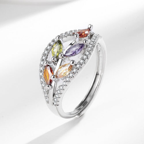 Adjustable Leaf Design Ring for Women – Color Stone Open Cuff Fashion Jewelry