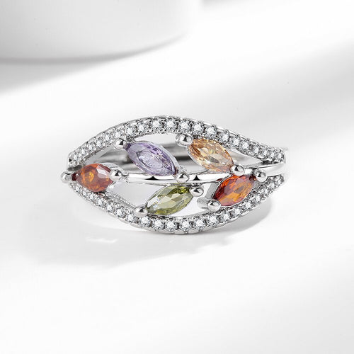 Adjustable Leaf Design Ring for Women – Color Stone Open Cuff Fashion Jewelry