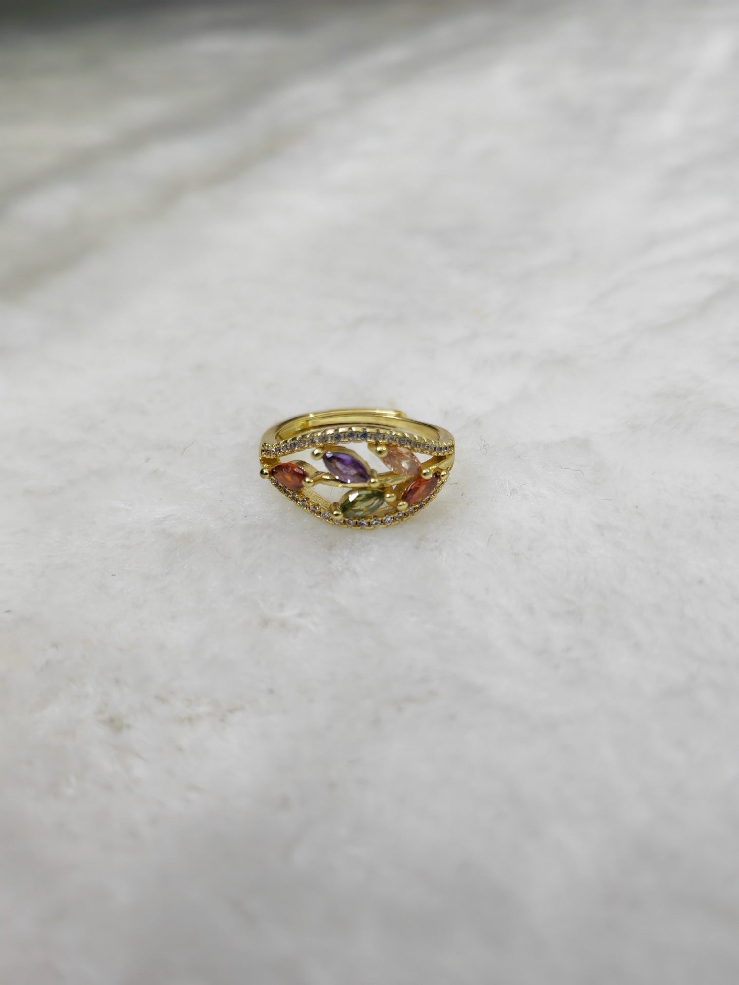 Adjustable Leaf Design Ring for Women – Color Stone Open Cuff Fashion Jewelry