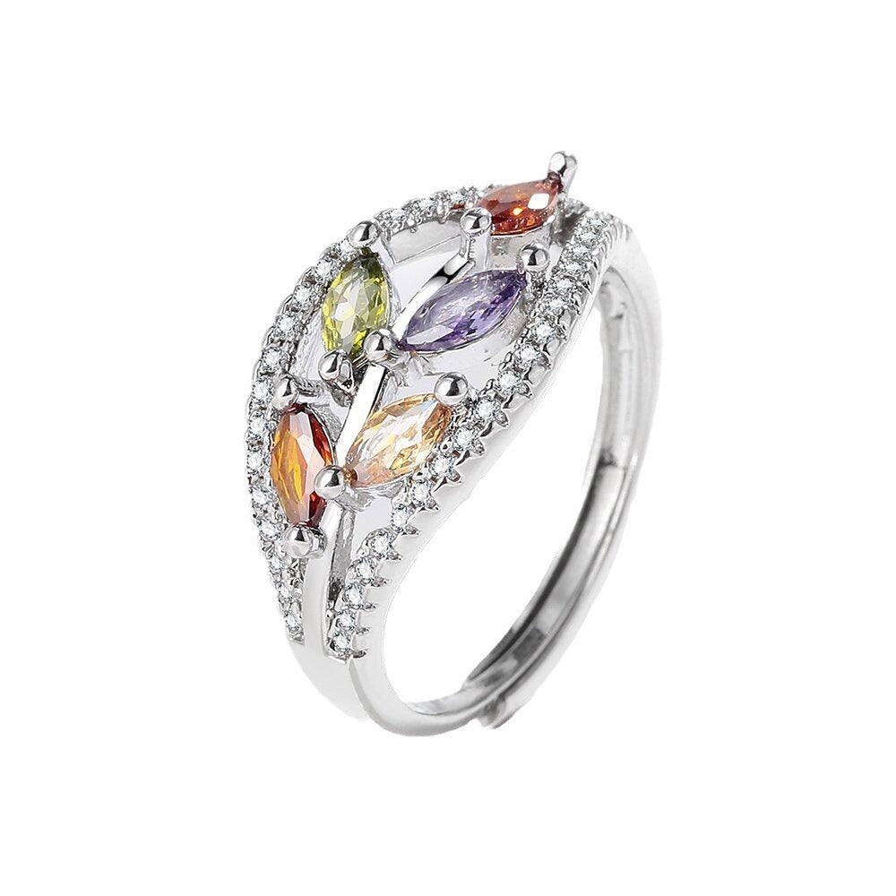 Adjustable Leaf Design Ring for Women – Color Stone Open Cuff Fashion Jewelry