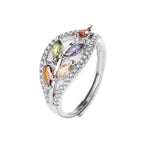 Adjustable Leaf Design Ring for Women – Color Stone Open Cuff Fashion Jewelry