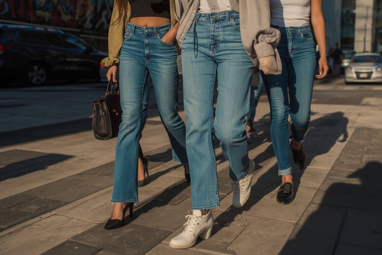 Collage of jeans with a colorful graffiti background and people wearing jeans on a street.