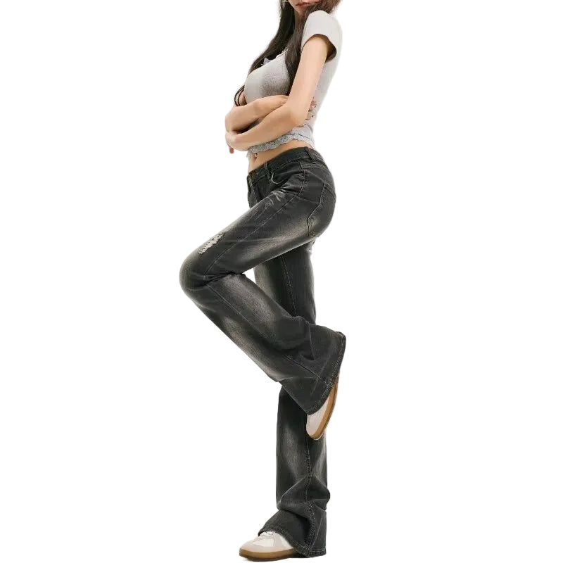 Women’s Distressed Flared Jeans – Black and Gray Low Waist Casual Pants