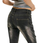 Women’s Distressed Flared Jeans – Black and Gray Low Waist Casual Pants