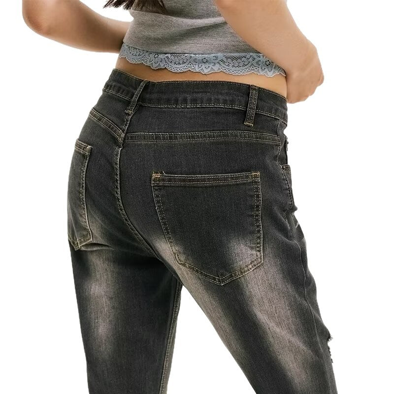 Women’s Distressed Flared Jeans – Black and Gray Low Waist Casual Pants