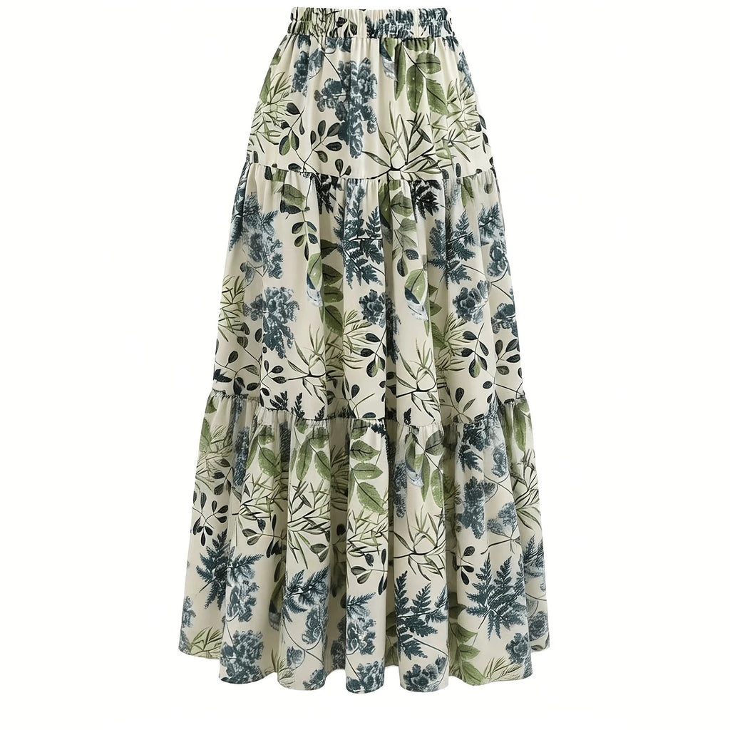 Women’s Floral Print Long Dress – Elastic Waist Layered Casual Maxi Dress