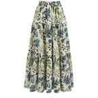 Women’s Floral Print Long Dress – Elastic Waist Layered Casual Maxi Dress