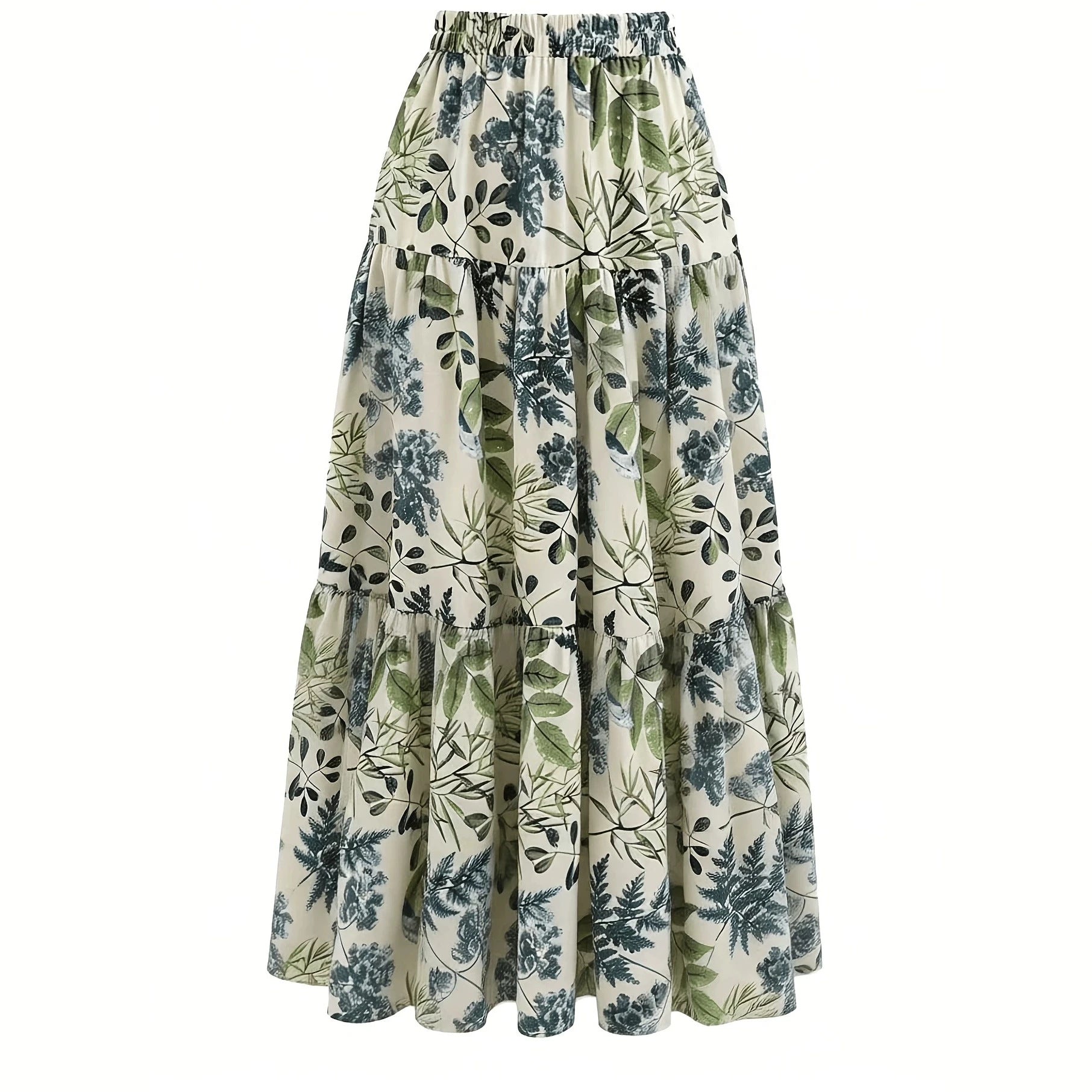 Women’s Floral Print Long Dress – Elastic Waist Layered Casual Maxi Dress