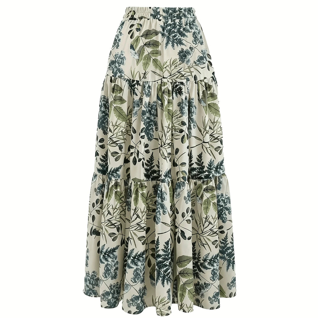 Women’s Floral Print Long Dress – Elastic Waist Layered Casual Maxi Dress