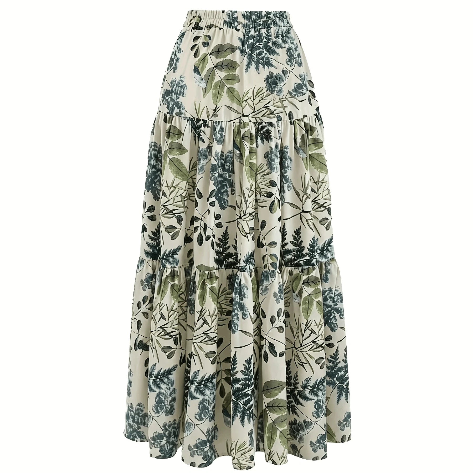 Women’s Floral Print Long Dress – Elastic Waist Layered Casual Maxi Dress