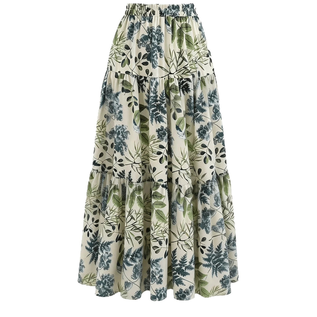 Women’s Floral Print Long Dress – Elastic Waist Layered Casual Maxi Dress