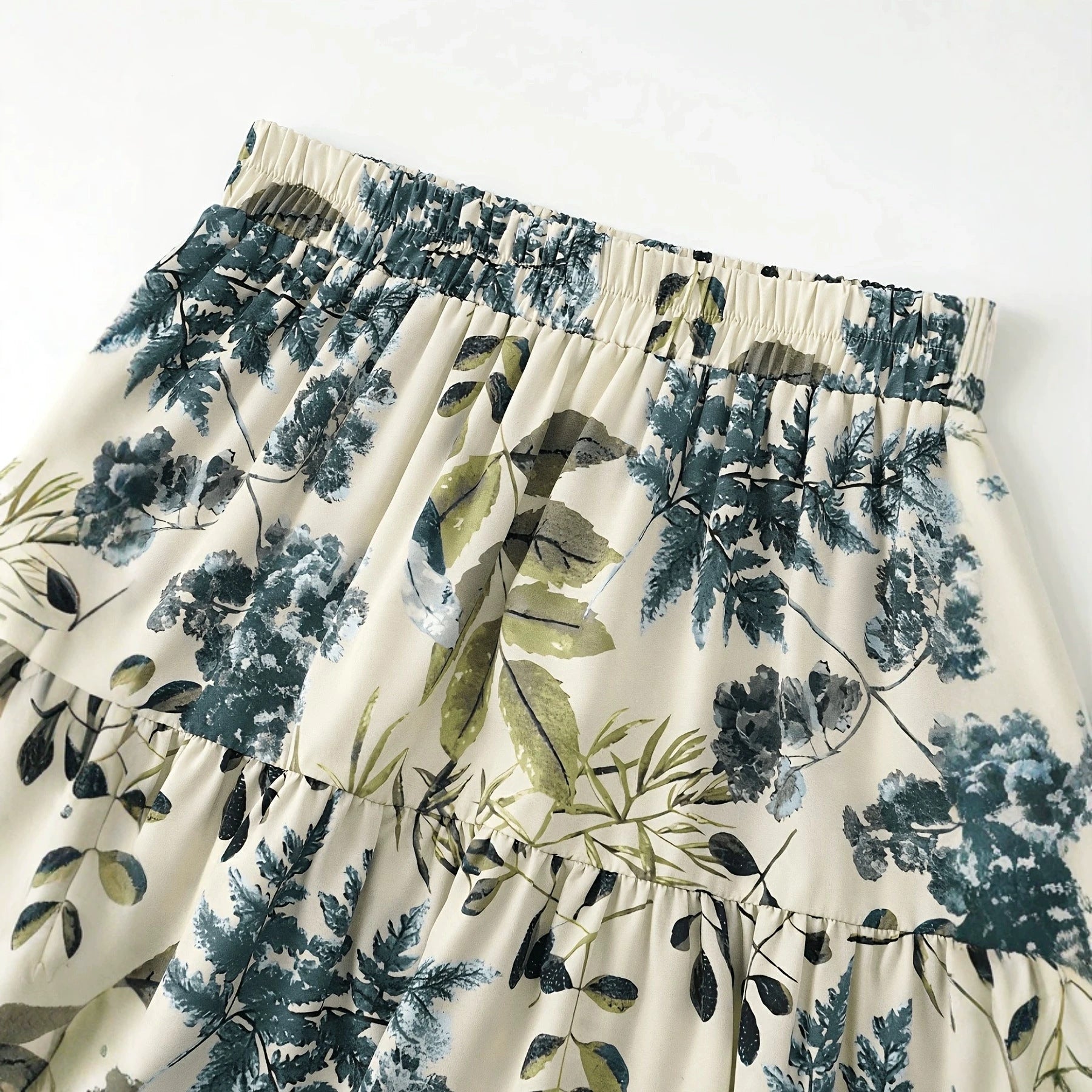 Women’s Floral Print Long Dress – Elastic Waist Layered Casual Maxi Dress
