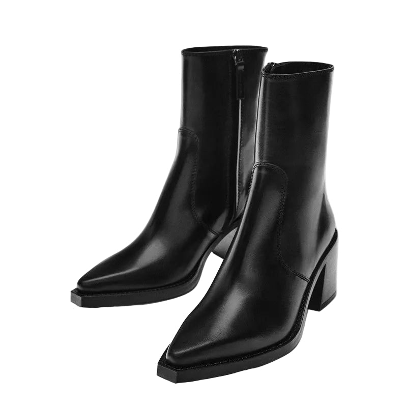 Women’s Genuine Leather Pointed Toe Boots – Chunky Heel Side Zip Ankle Boots