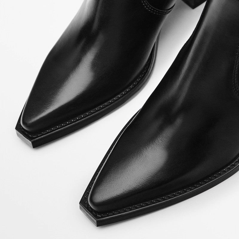 Women’s Genuine Leather Pointed Toe Boots – Chunky Heel Side Zip Ankle Boots