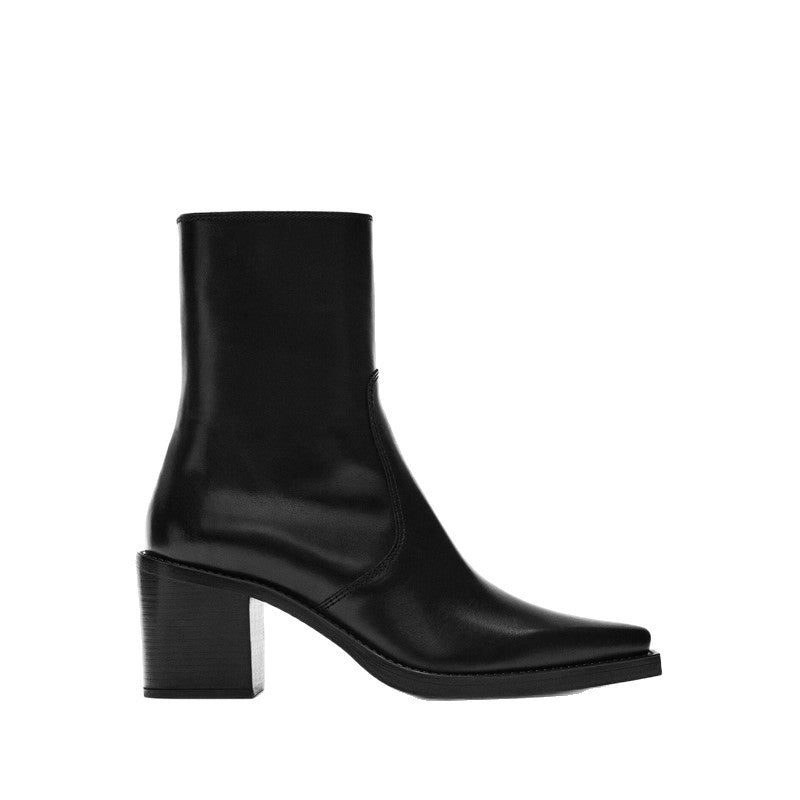 Women’s Genuine Leather Pointed Toe Boots – Chunky Heel Side Zip Ankle Boots