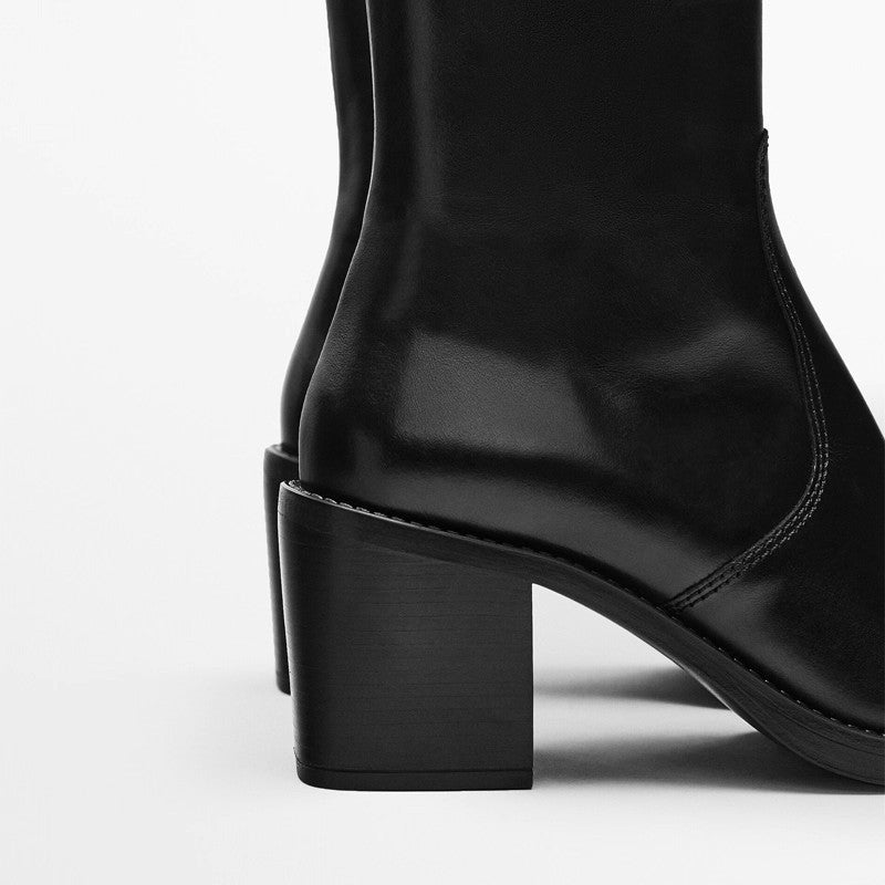 Women’s Genuine Leather Pointed Toe Boots – Chunky Heel Side Zip Ankle Boots