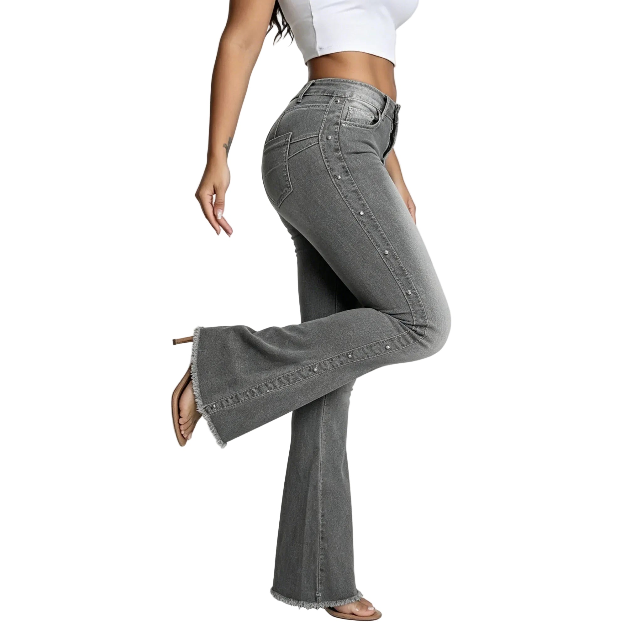 Women’s High-Waist Flared Denim Jeans – Studded Raw Hem Bootcut Pants