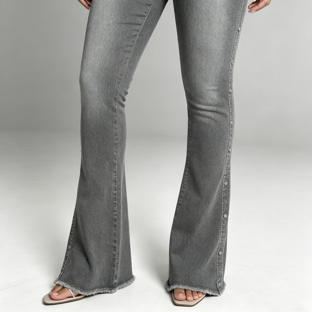 Women’s High-Waist Flared Denim Jeans – Studded Raw Hem Bootcut Pants