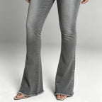Women’s High-Waist Flared Denim Jeans – Studded Raw Hem Bootcut Pants