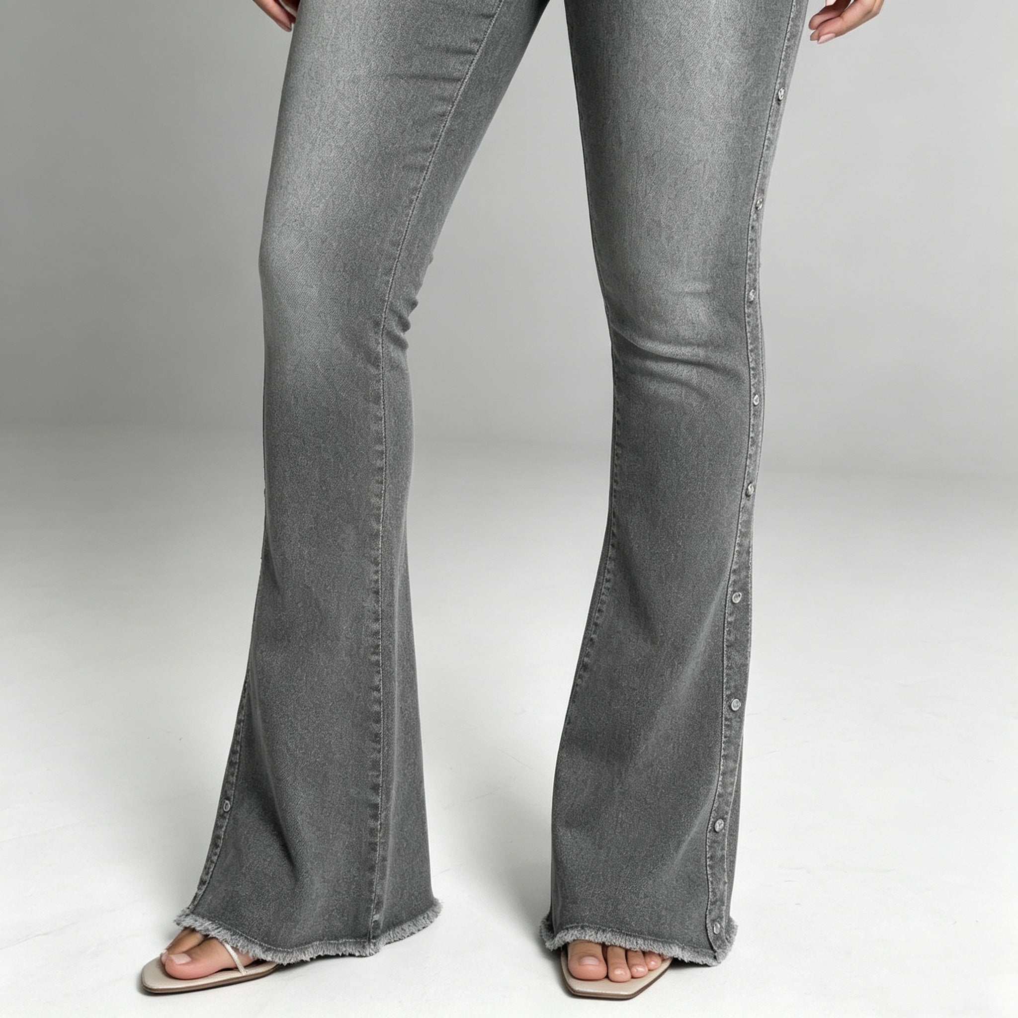 Women’s High-Waist Flared Denim Jeans – Studded Raw Hem Bootcut Pants