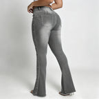 Women’s High-Waist Flared Denim Jeans – Studded Raw Hem Bootcut Pants