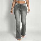 Women’s High-Waist Flared Denim Jeans – Studded Raw Hem Bootcut Pants