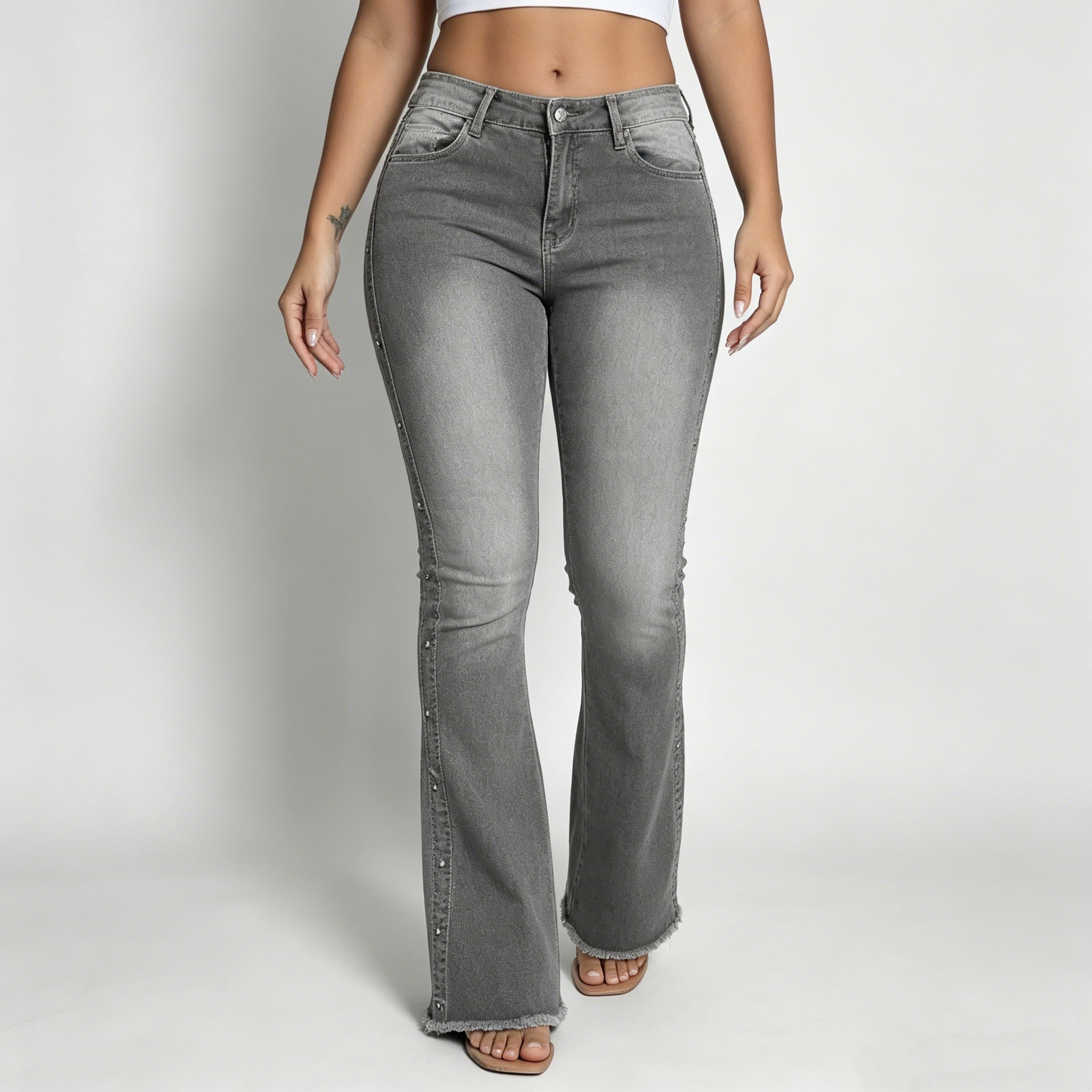 Women’s High-Waist Flared Denim Jeans – Studded Raw Hem Bootcut Pants