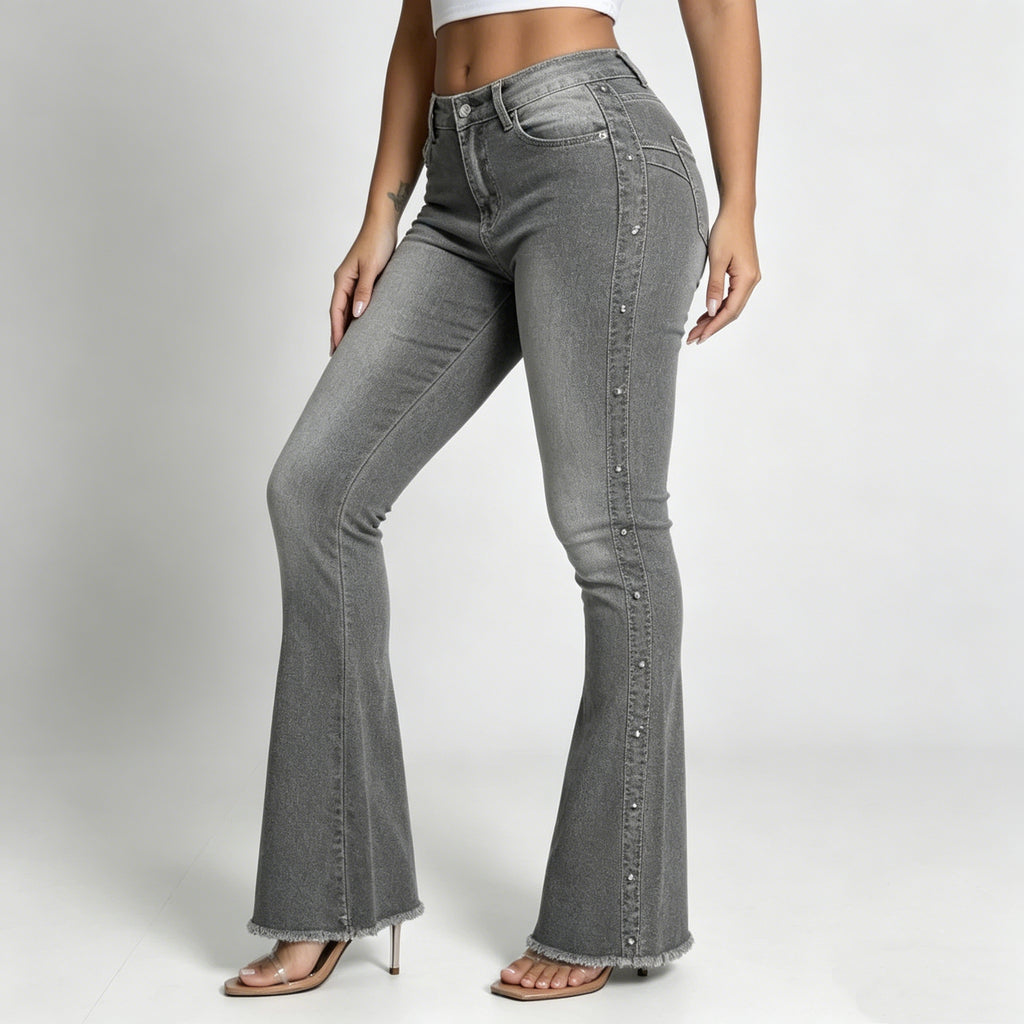 Women’s High-Waist Flared Denim Jeans – Studded Raw Hem Bootcut Pants
