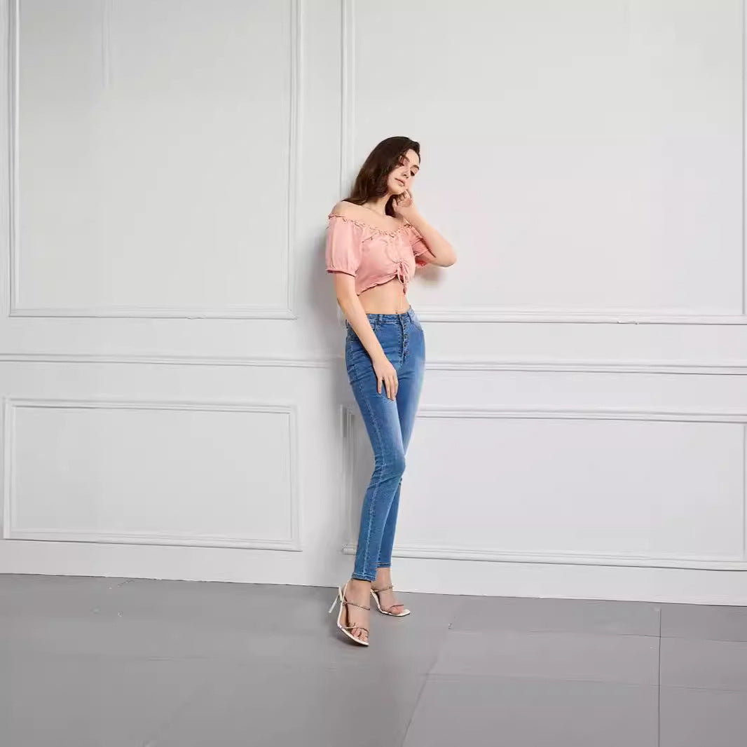 Women’s High-Waist Stretch Jeans – Casual Button Accent Denim Pants