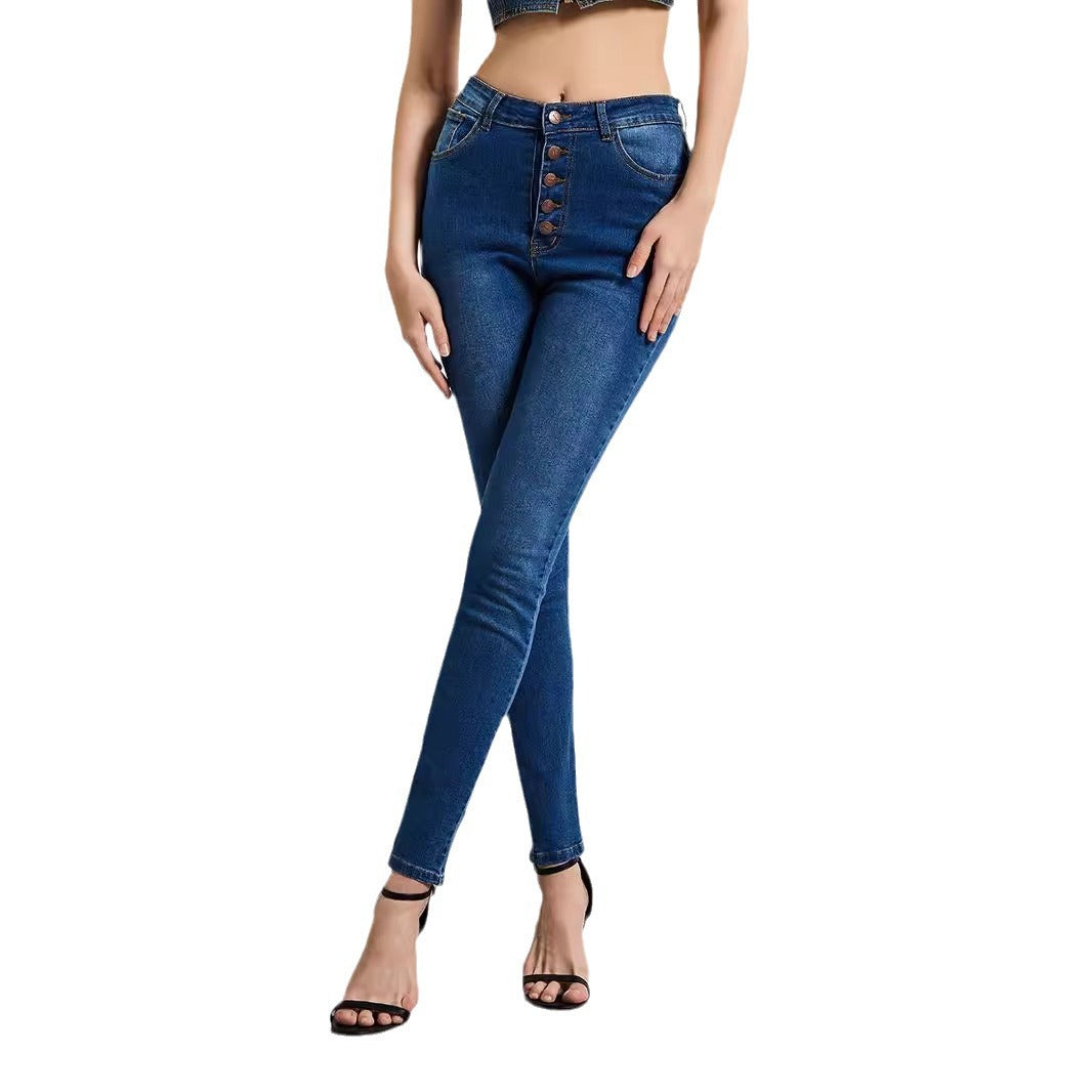 Women’s High-Waist Stretch Jeans – Casual Button Accent Denim Pants