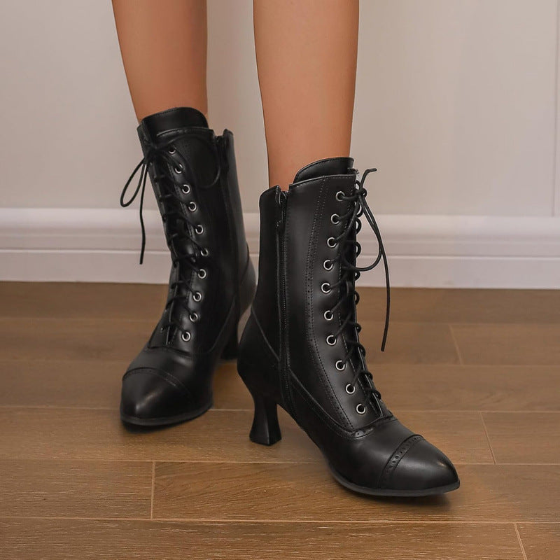 Women’s Lace-Up Ankle Boots – Chunky Heel Side Zipper Fashion Booties