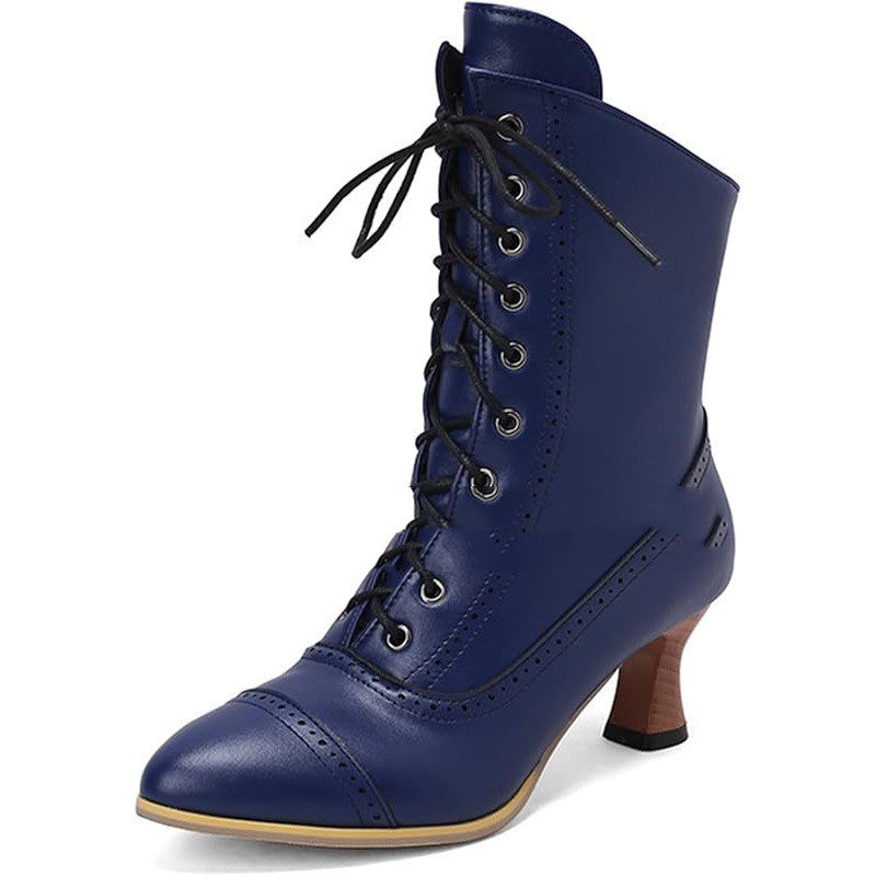 Women’s Lace-Up Ankle Boots – Chunky Heel Side Zipper Fashion Booties