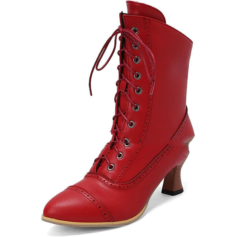 Women’s Lace-Up Ankle Boots – Chunky Heel Side Zipper Fashion Booties