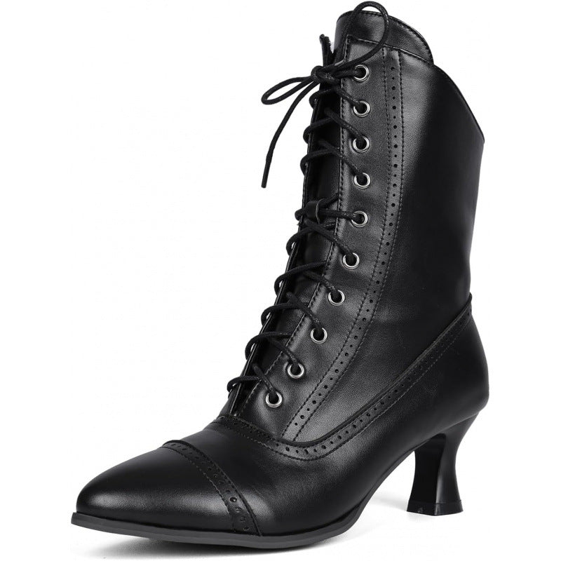 Women’s Lace-Up Ankle Boots – Chunky Heel Side Zipper Fashion Booties