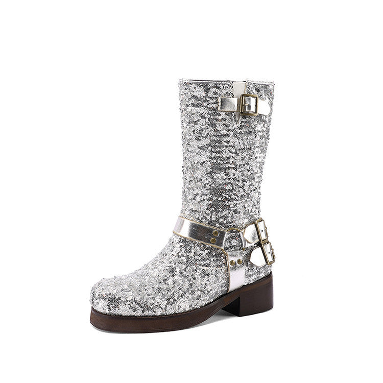 Women’s Mid-Calf Chunky Heel Boots – Round Toe Buckle Strap Fashion Boots